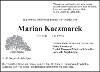 Traueranzeige von Marian Kaczmarek von Trauerportal Rhein Main Presse