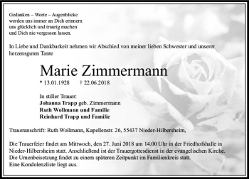 Traueranzeige von Marie Zimmermann von Trauerportal Rhein Main Presse