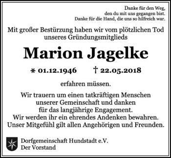 Traueranzeige von Marion Jagelke von  Usinger Anzeiger