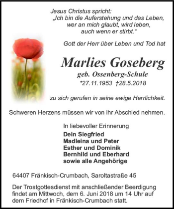 Traueranzeige von Marlies Goseberg von Trauerportal Rhein Main Presse