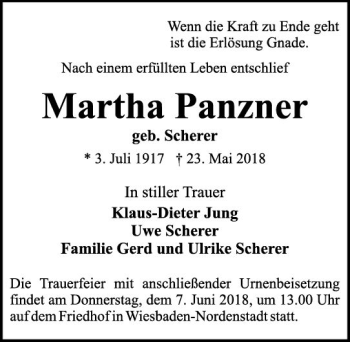 Traueranzeige von Martha Panzner von Trauerportal Rhein Main Presse