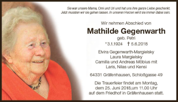 Traueranzeige von Mathilde Gegenwarth von Trauerportal Rhein Main Presse