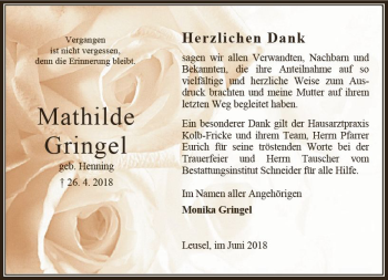 Traueranzeige von Mathilde Gringel von VRM Trauer