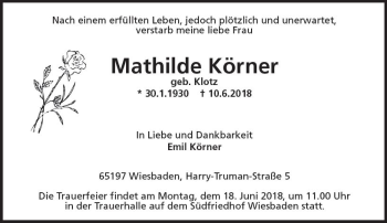 Traueranzeige von Mathilde Körner von Trauerportal Rhein Main Presse