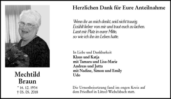 Traueranzeige von Mechtild Braun von Trauerportal Rhein Main Presse