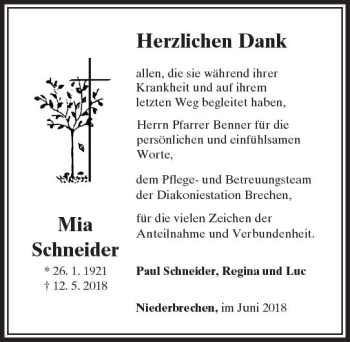 Traueranzeige von Mia Schneider von  Camberger Anzeiger