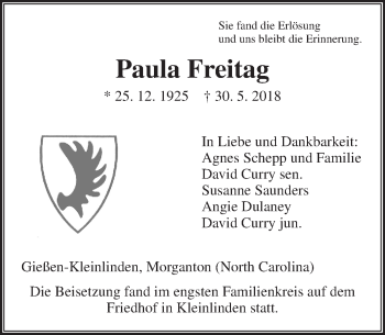 Traueranzeige von Paula Freitag von  Gießener Anzeiger