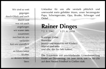 Traueranzeige von Rainer Dinges von  Gießener Anzeiger