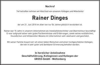 Traueranzeige von Rainer Dinges von  Gießener Anzeiger