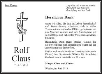 Traueranzeige von Rolf Claus von VRM Trauer
