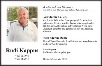 Traueranzeige von Rudi Kappus von  Camberger Anzeiger
