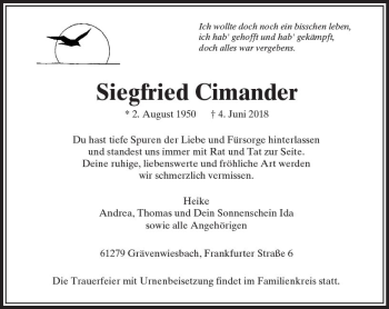 Traueranzeige von Siegfried Cimander von  Usinger Anzeiger
