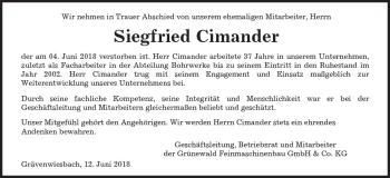 Traueranzeige von Siegfried Cimander von  Usinger Anzeiger