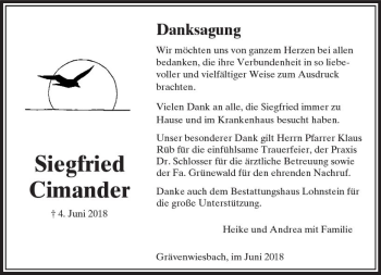 Traueranzeige von Siegfried Cimander von  Usinger Anzeiger