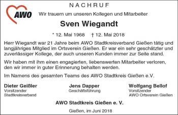 Traueranzeige von Sven Wiegandt von  Gießener Anzeiger