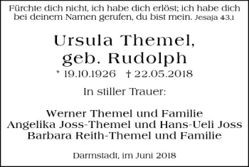 Traueranzeige von Ursula Themel von Trauerportal Rhein Main Presse