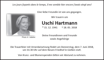 Traueranzeige von Uschi Hartmann von  Gießener Anzeiger