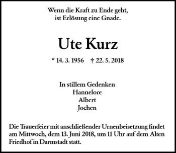 Traueranzeige von Ute Kurz von Trauerportal Rhein Main Presse