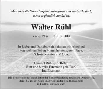 Traueranzeige von Walter Rühl von  Gießener Anzeiger