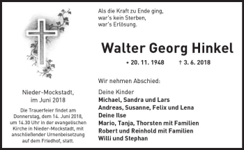 Traueranzeige von Walter Georg Hinkel von  Kreisanzeiger