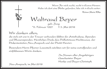 Traueranzeige von Waltraud Beyer von  Usinger Anzeiger