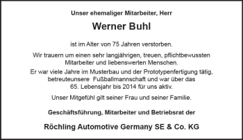 Traueranzeige von Werner Buhl von Trauerportal Rhein Main Presse