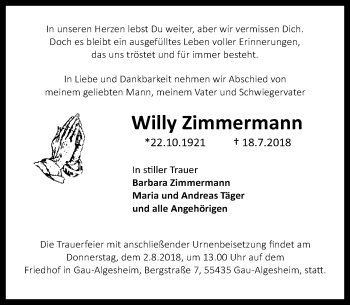 Traueranzeige von Willy Zimmermann von VRM Tageszeitungen