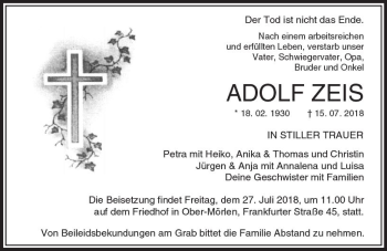 Traueranzeige von Adolf Zeis von  Usinger Anzeiger