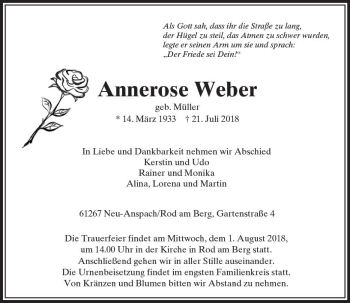 Traueranzeige von Annerose Weber von  Usinger Anzeiger