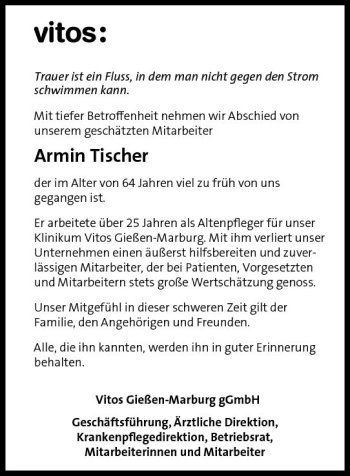 Traueranzeige von Armin Tischer von  Gießener Anzeiger