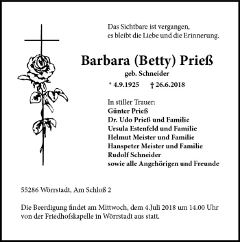 Traueranzeige von Barbara Betty Prieß von Trauerportal Rhein Main Presse