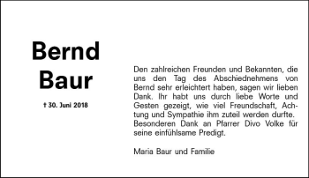 Traueranzeige von Bernd Baur von vrm-trauer
