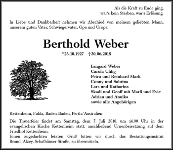 Traueranzeige von Berthold Weber von Trauerportal Rhein Main Presse