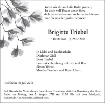 Traueranzeige von Brigitte Triebel von vrm-trauer