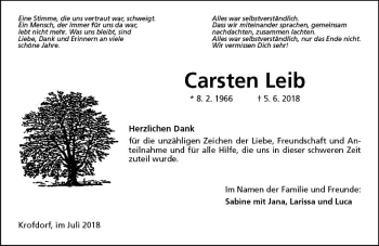 Traueranzeige von Carsten Leib von  Gießener Anzeiger