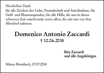 Traueranzeige von Domenico Antonio Zaccardi von vrm-trauer