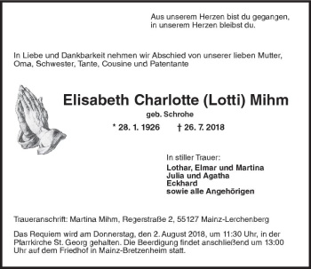 Traueranzeige von Elisabeth Charlotte Mihm von vrm-trauer