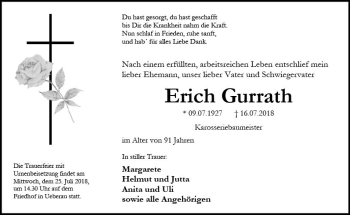 Traueranzeige von Erich Gurrath von vrm-trauer