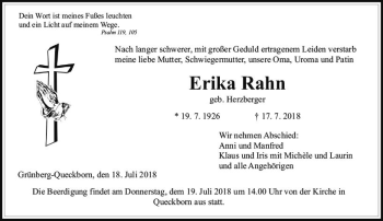 Traueranzeige von Erika Rahn von  Gießener Anzeiger