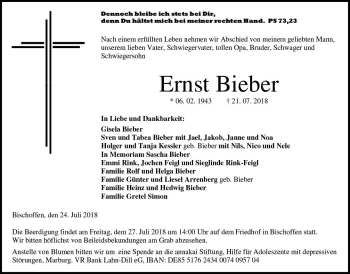 Traueranzeige von Ernst Bieber von  Gießener Anzeiger