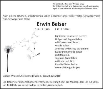 Traueranzeige von Erwin Balser von  Gießener Anzeiger