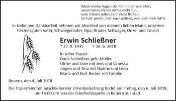 Traueranzeige von Erwin Schließner von  Gießener Anzeiger