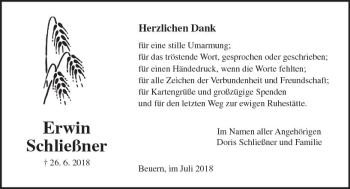 Traueranzeige von Erwin Schließner von  Gießener Anzeiger