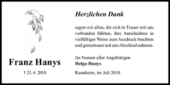 Traueranzeige von Franz Hanys von vrm-trauer