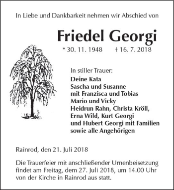 Traueranzeige von Friedel Georgi von  Kreisanzeiger