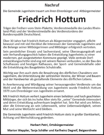 Traueranzeige von Friedrich Hottum von vrm-trauer