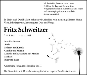 Traueranzeige von Fritz Schweitzer von vrm-trauer