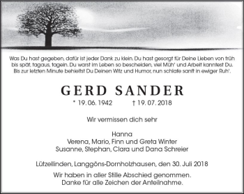 Traueranzeige von Gerd Sander von  Gießener Anzeiger