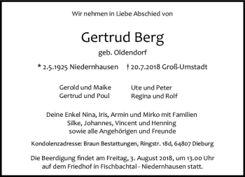 Traueranzeige von Gertrud Berg von vrm-trauer