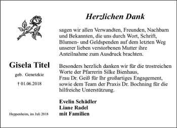 Traueranzeige von Gisela Titel von vrm-trauer